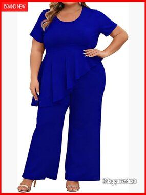 Plus Size Peplum Top & Pants Set Business Suit Stretch Fabric